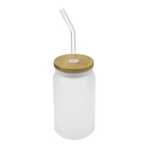 glass bottle with straw and bamboo lid