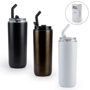 double wall stainless steel tumblers with transparent lid & metal straw – 500 ml