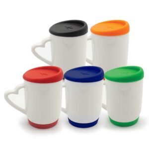 white ceramic mugs with silicone cap and base