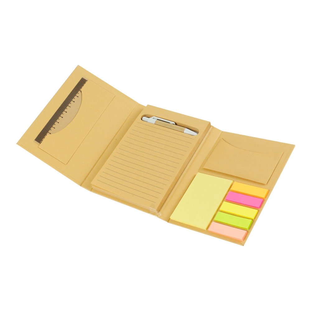tri fold notepad with sticky notes, pen, card slot & ruler tri fold notepad with sticky notes, pen, card slot & ruler